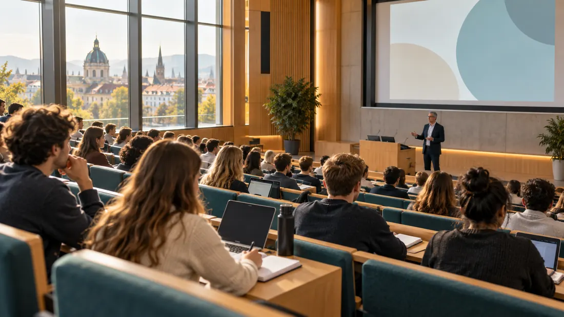 Studenten volgen les in een universitaire aula