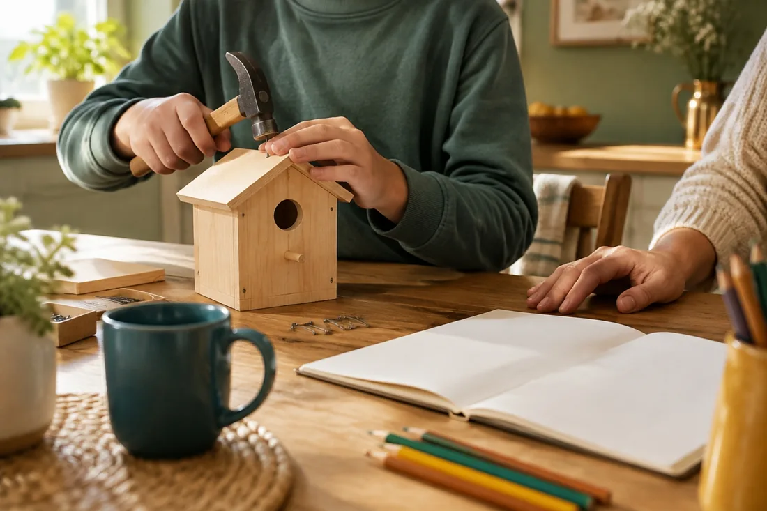 De handen van een kind uit het zesde leerjaar bouwen aan de keukentafel een houten vogelhuisje naast een open schrift, met een ouder dichtbij: kiezen tussen A-stroom of B-stroom vanuit hoe je kind leert