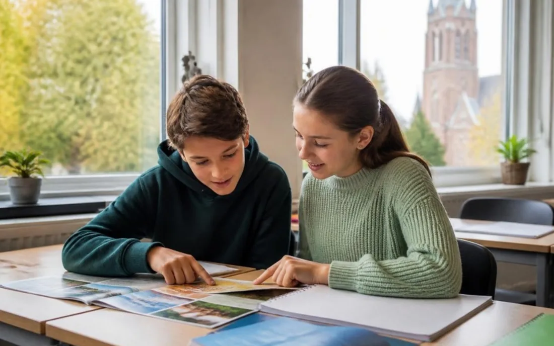 Twee leerlingen van het eerste middelbaar bekijken samen brochures over de basisopties voor het tweede jaar