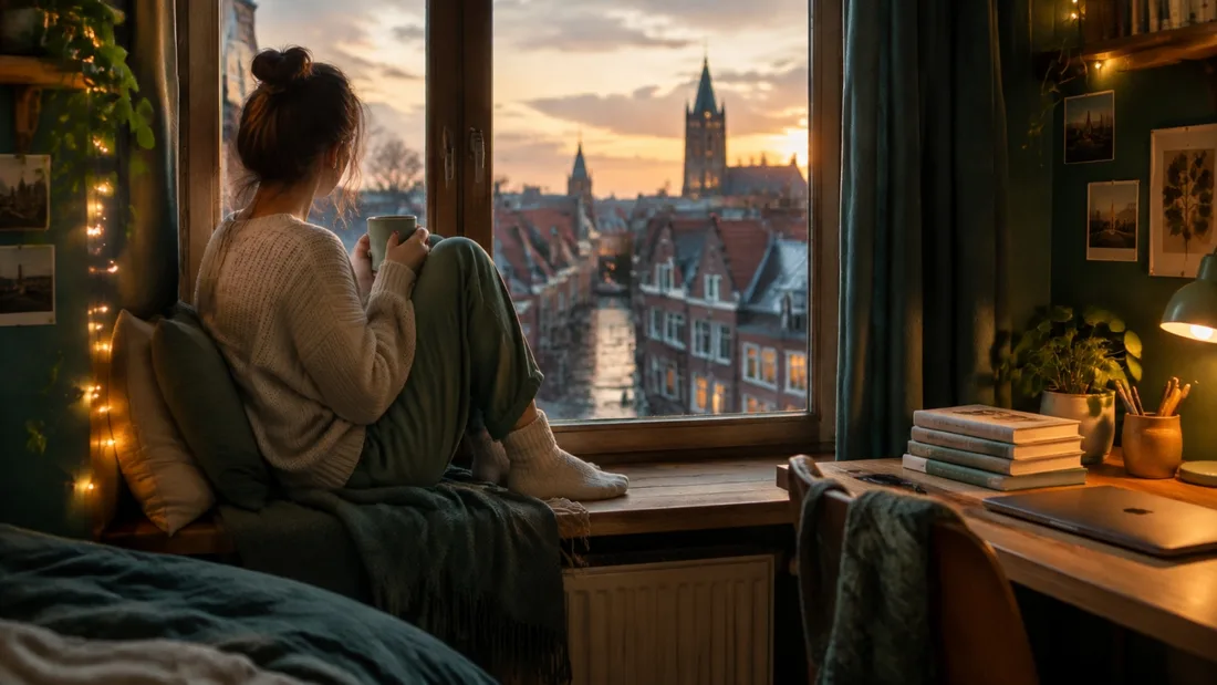 Een student zit alleen op de vensterbank van een studentenkamer met een kop thee en kijkt naar buiten in het avondlicht: eenzaam als student in het eerste jaar