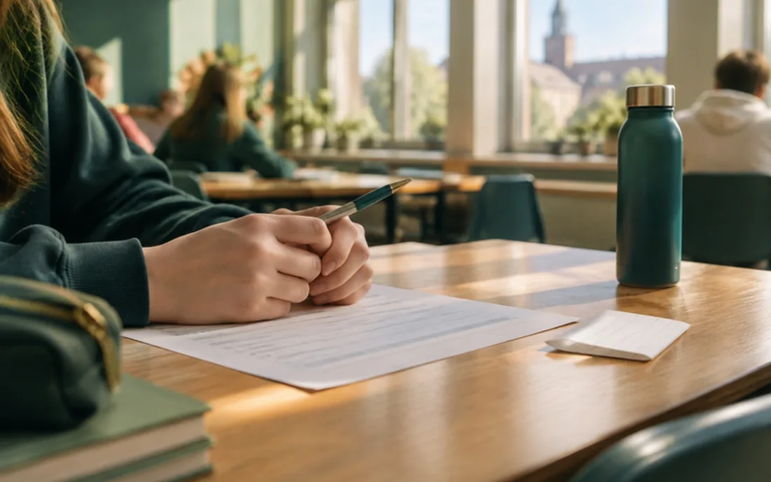 Handen van een leerling met een pen boven een toetsblad op een houten lessenaar in een zonnig klaslokaal, met een drinkfles en een briefje ernaast: faalangst op school bij een toets