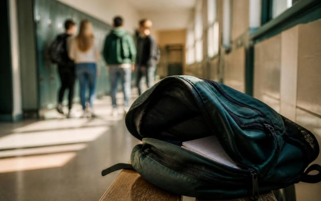 Een open boekentas met een verstopt schrift op een bank in de schoolgang, terwijl tieners verderop wandelen: groepsdruk op school