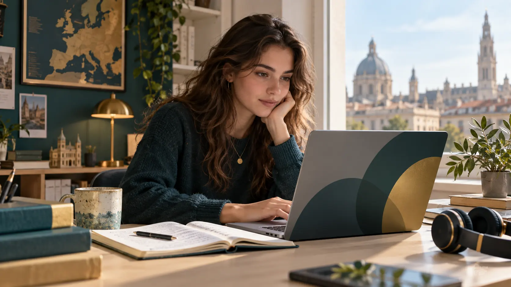 Een student werkt op een laptop en denkt na over haar opleiding in het hoger onderwijs